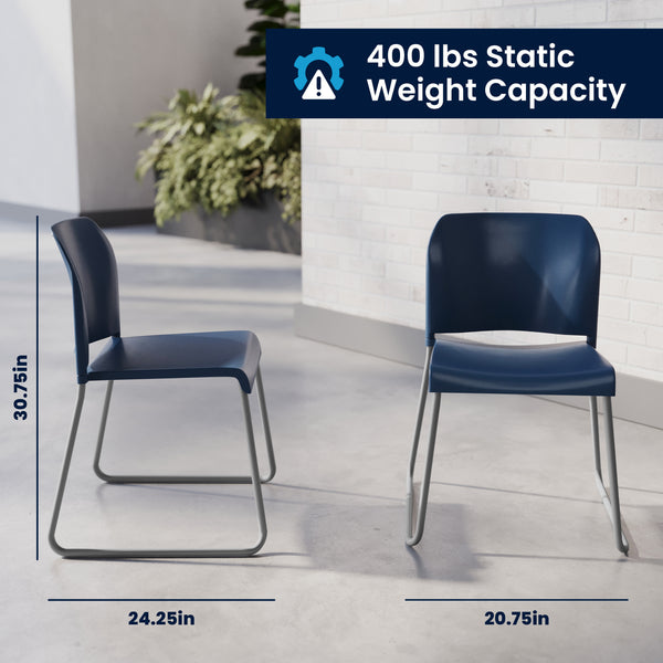 Navy Plastic/Gray Frame |#| Commercial Plastic Stack Chair with Contoured Back and Sled Base in Navy