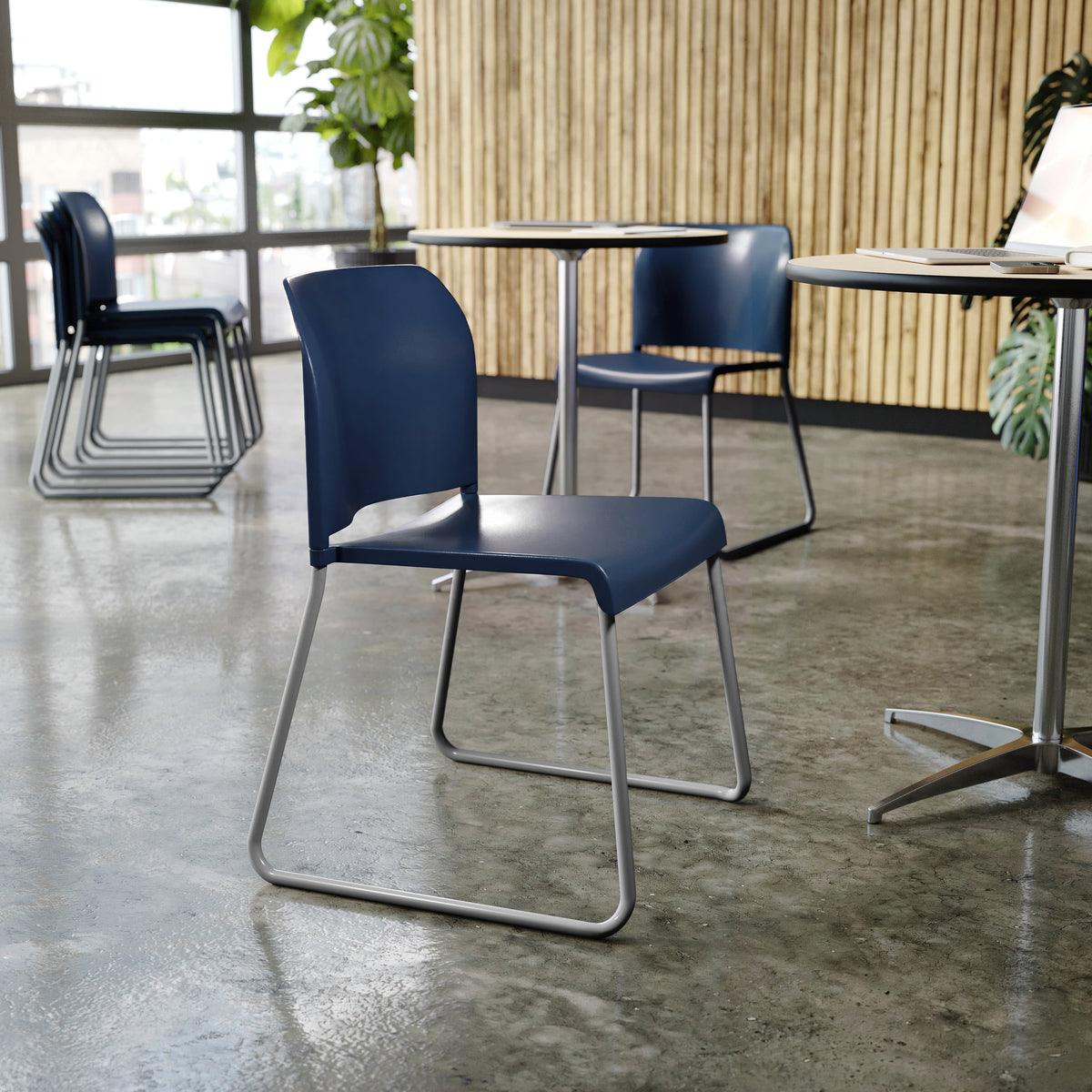 Navy Plastic/Gray Frame |#| Commercial Plastic Stack Chair with Contoured Back and Sled Base in Navy