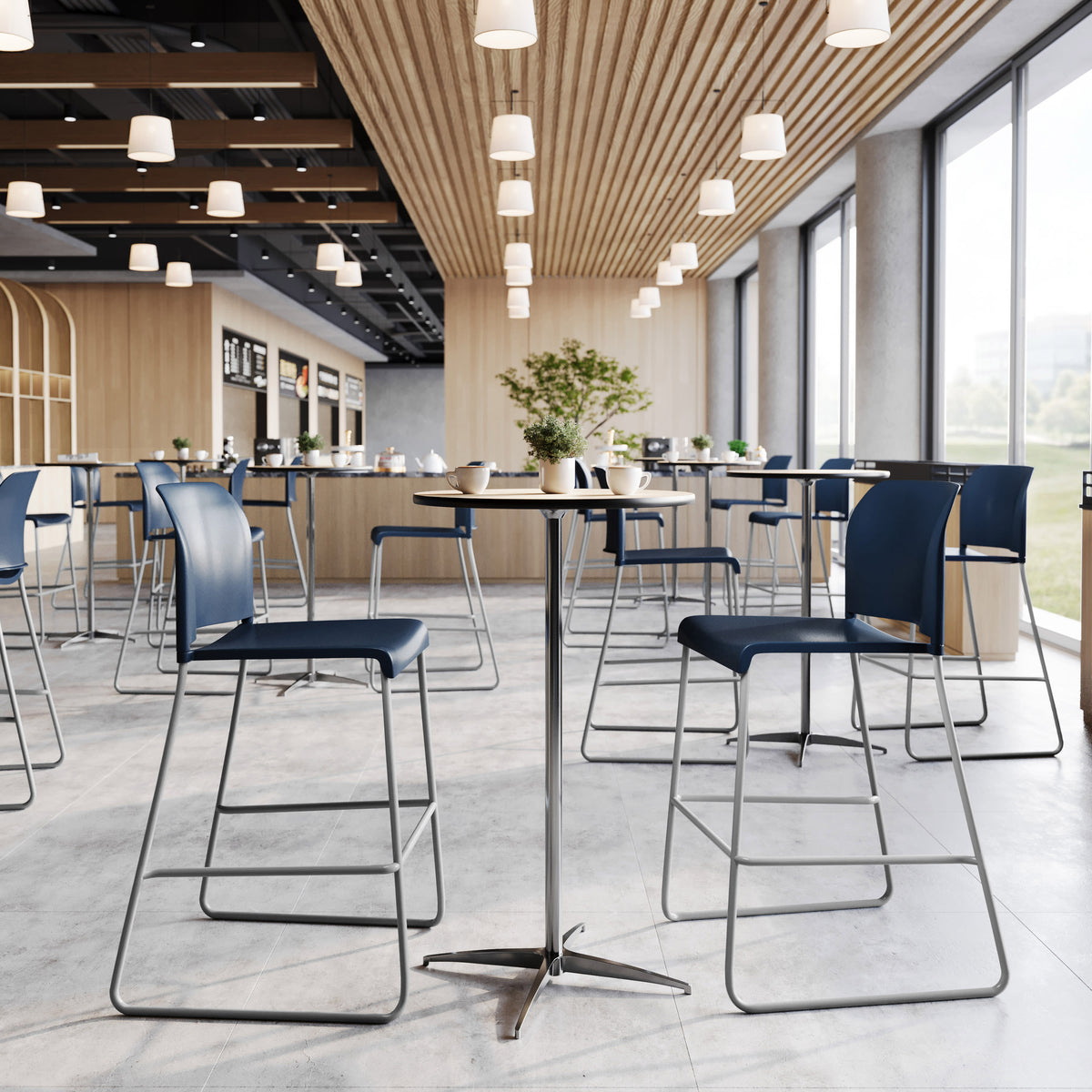 Navy Plastic/Gray Frame |#| Commercial Plastic Stack Barstool with Contoured Back and Sled Base in Navy