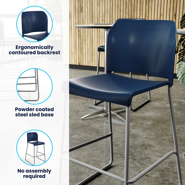 Navy Plastic/Gray Frame |#| Commercial Plastic Stack Barstool with Contoured Back and Sled Base in Navy