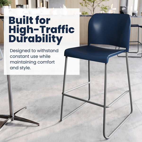 Navy Plastic/Gray Frame |#| Commercial Plastic Stack Barstool with Contoured Back and Sled Base in Navy
