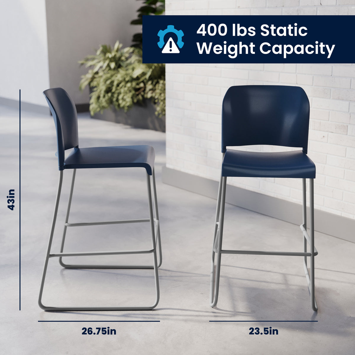 Navy Plastic/Gray Frame |#| Commercial Plastic Stack Barstool with Contoured Back and Sled Base in Navy