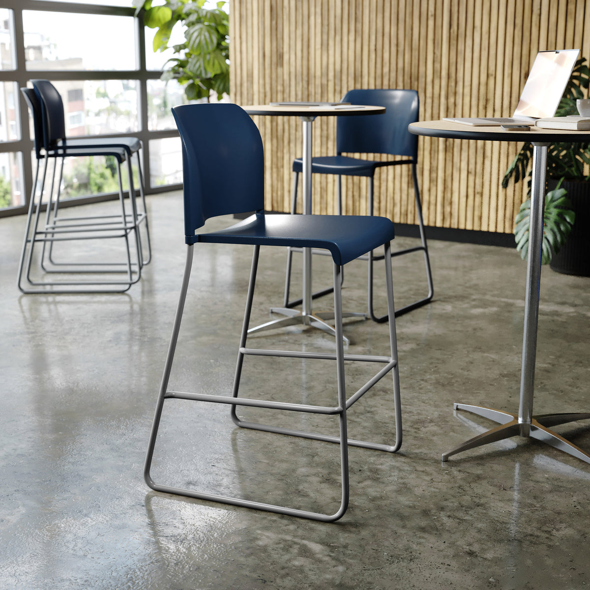 Navy Plastic/Gray Frame |#| Commercial Plastic Stack Barstool with Contoured Back and Sled Base in Navy