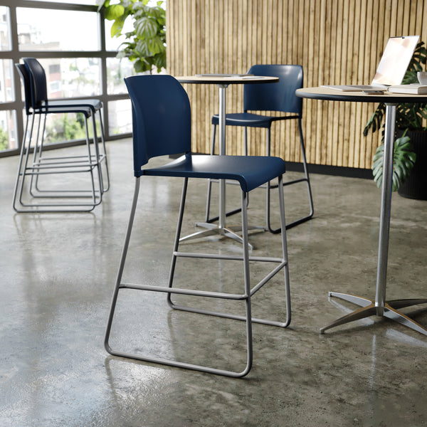 Navy Plastic/Gray Frame |#| Commercial Plastic Stack Barstool with Contoured Back and Sled Base in Navy