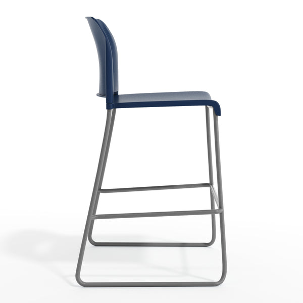Navy Plastic/Gray Frame |#| Commercial Plastic Stack Barstool with Contoured Back and Sled Base in Navy