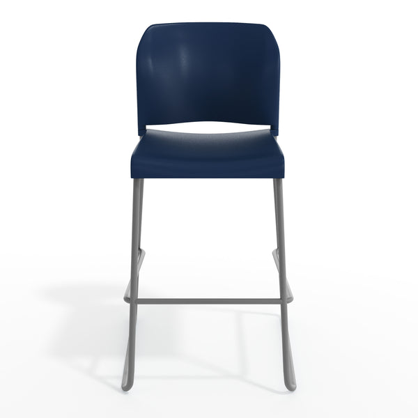 Navy Plastic/Gray Frame |#| Commercial Plastic Stack Barstool with Contoured Back and Sled Base in Navy