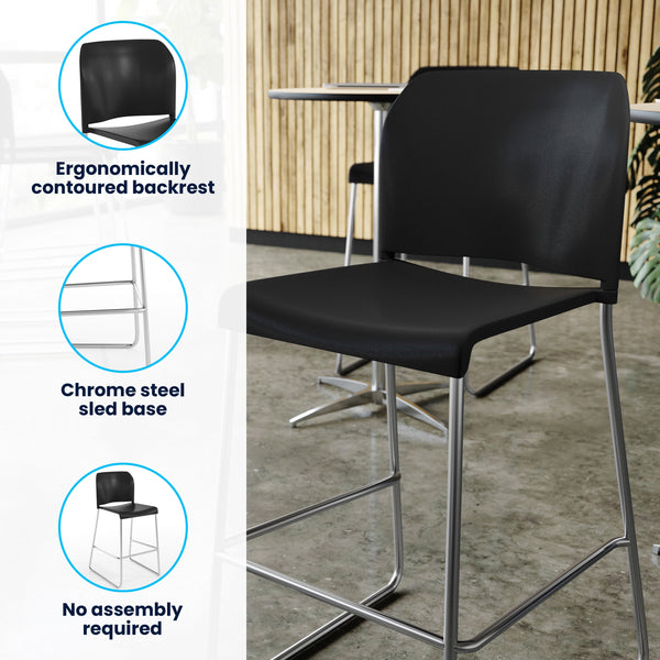 Black Plastic/Chrome Frame |#| Commercial Plastic Stack Barstool with Contoured Back and Sled Base in Black