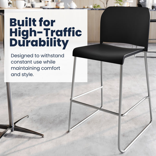 Black Plastic/Chrome Frame |#| Commercial Plastic Stack Barstool with Contoured Back and Sled Base in Black
