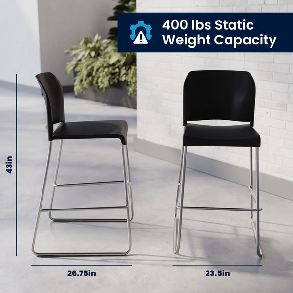 Black Plastic/Chrome Frame |#| Commercial Plastic Stack Barstool with Contoured Back and Sled Base in Black