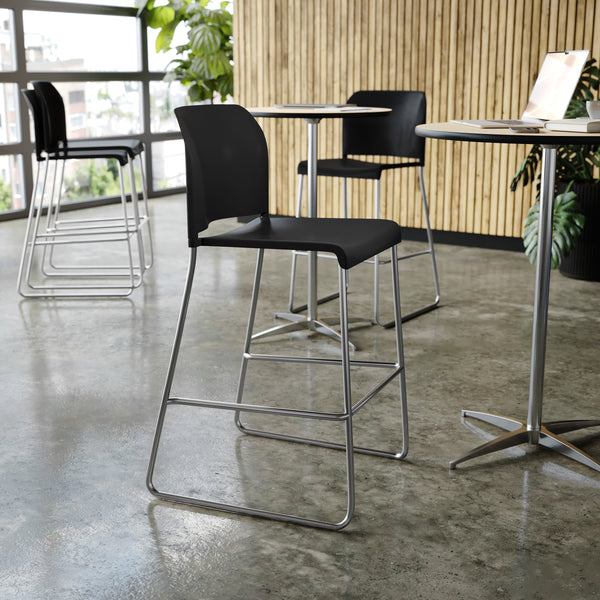 Black Plastic/Chrome Frame |#| Commercial Plastic Stack Barstool with Contoured Back and Sled Base in Black
