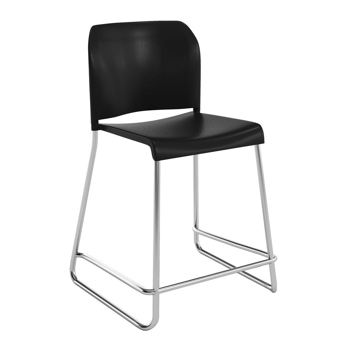 Black Plastic/Chrome Frame |#| Commercial Plastic Stack Stool with Contoured Back and Sled Base in Black