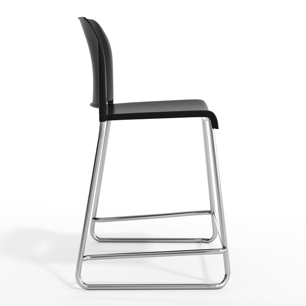 Black Plastic/Chrome Frame |#| Commercial Plastic Stack Stool with Contoured Back and Sled Base in Black