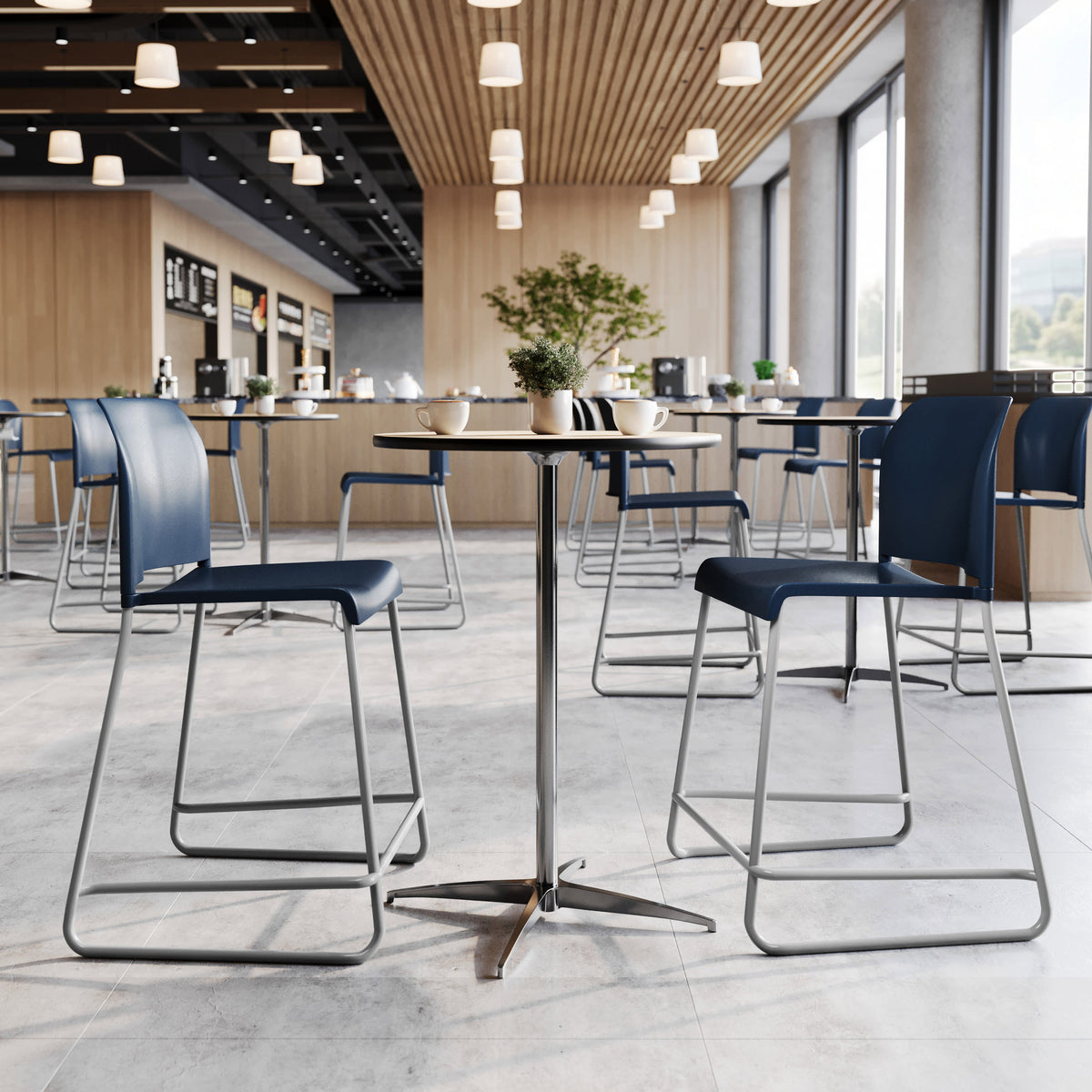 Navy Plastic/Gray Frame |#| Commercial Plastic Stack Stool with Contoured Back and Sled Base in Navy