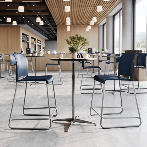 Navy Plastic/Gray Frame |#| Commercial Plastic Stack Stool with Contoured Back and Sled Base in Navy