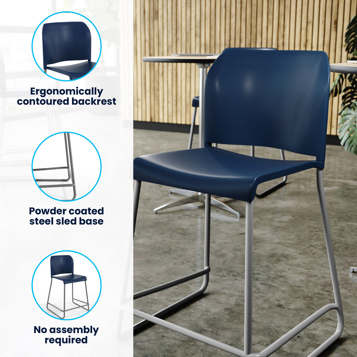 Navy Plastic/Gray Frame |#| Commercial Plastic Stack Stool with Contoured Back and Sled Base in Navy