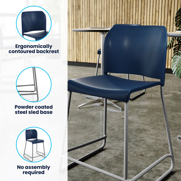 Navy Plastic/Gray Frame |#| Commercial Plastic Stack Stool with Contoured Back and Sled Base in Navy