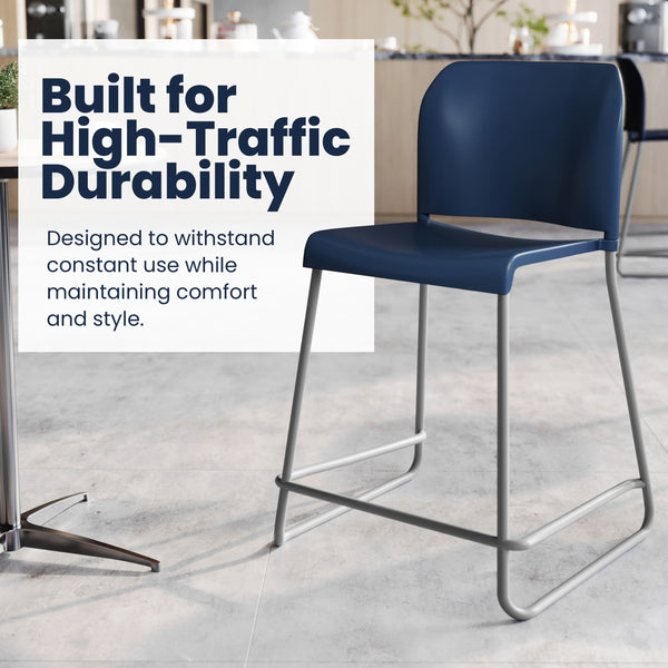 Navy Plastic/Gray Frame |#| Commercial Plastic Stack Stool with Contoured Back and Sled Base in Navy