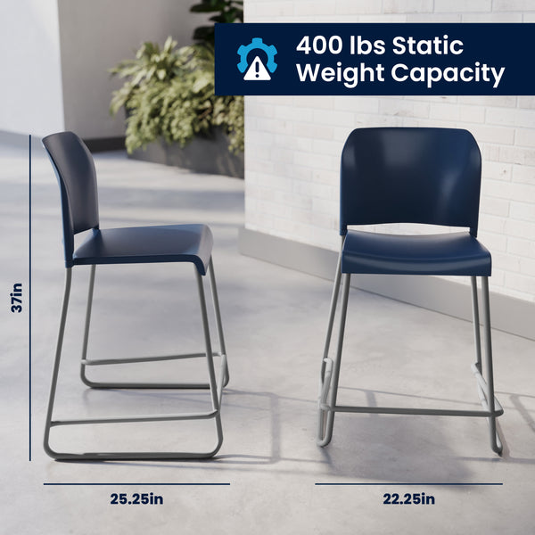 Navy Plastic/Gray Frame |#| Commercial Plastic Stack Stool with Contoured Back and Sled Base in Navy