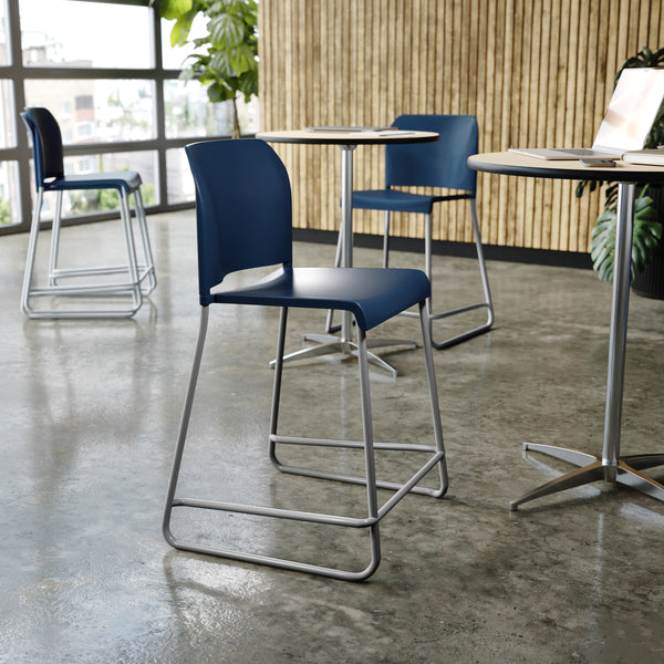 Navy Plastic/Gray Frame |#| Commercial Plastic Stack Stool with Contoured Back and Sled Base in Navy