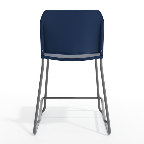 Navy Plastic/Gray Frame |#| Commercial Plastic Stack Stool with Contoured Back and Sled Base in Navy