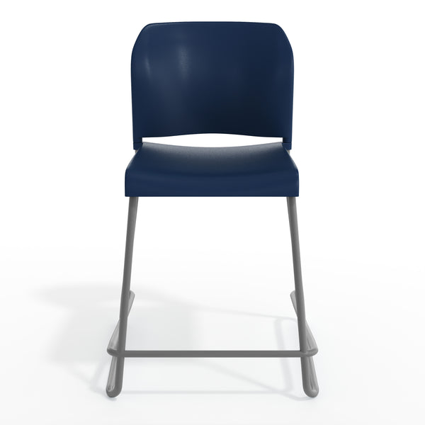 Navy Plastic/Gray Frame |#| Commercial Plastic Stack Stool with Contoured Back and Sled Base in Navy