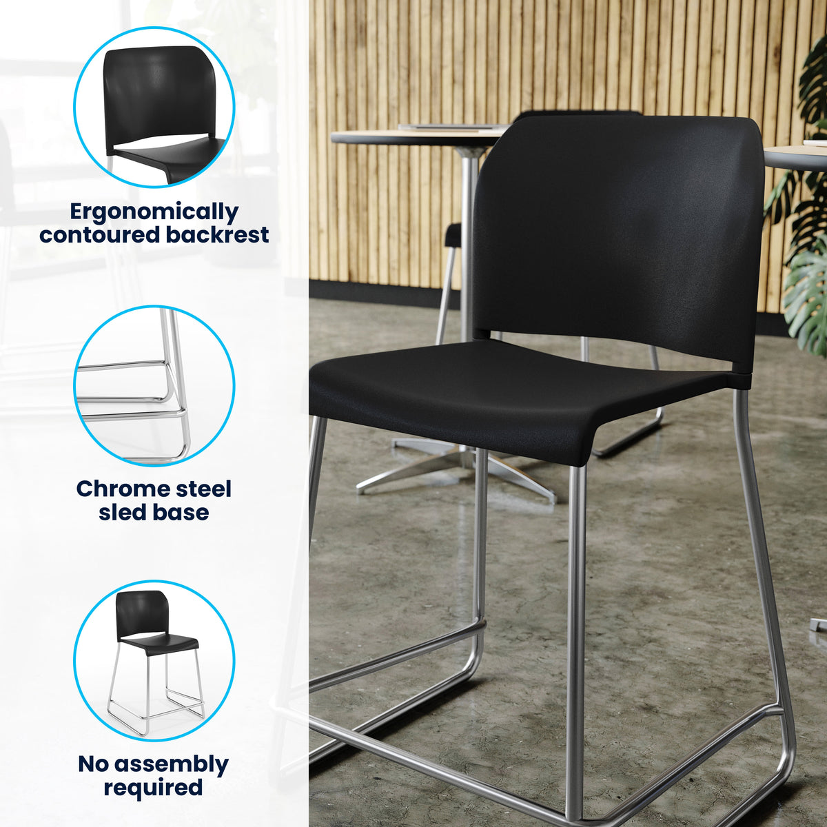Black Plastic/Chrome Frame |#| Commercial Plastic Stack Stool with Contoured Back and Sled Base in Black