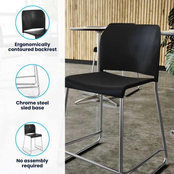 Black Plastic/Chrome Frame |#| Commercial Plastic Stack Stool with Contoured Back and Sled Base in Black
