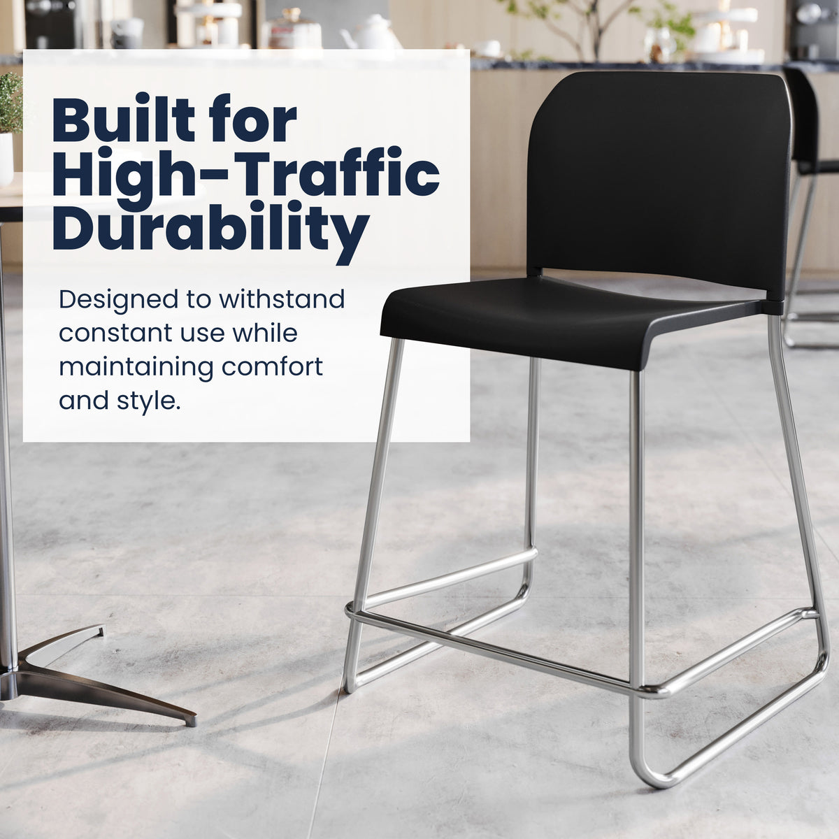 Black Plastic/Chrome Frame |#| Commercial Plastic Stack Stool with Contoured Back and Sled Base in Black
