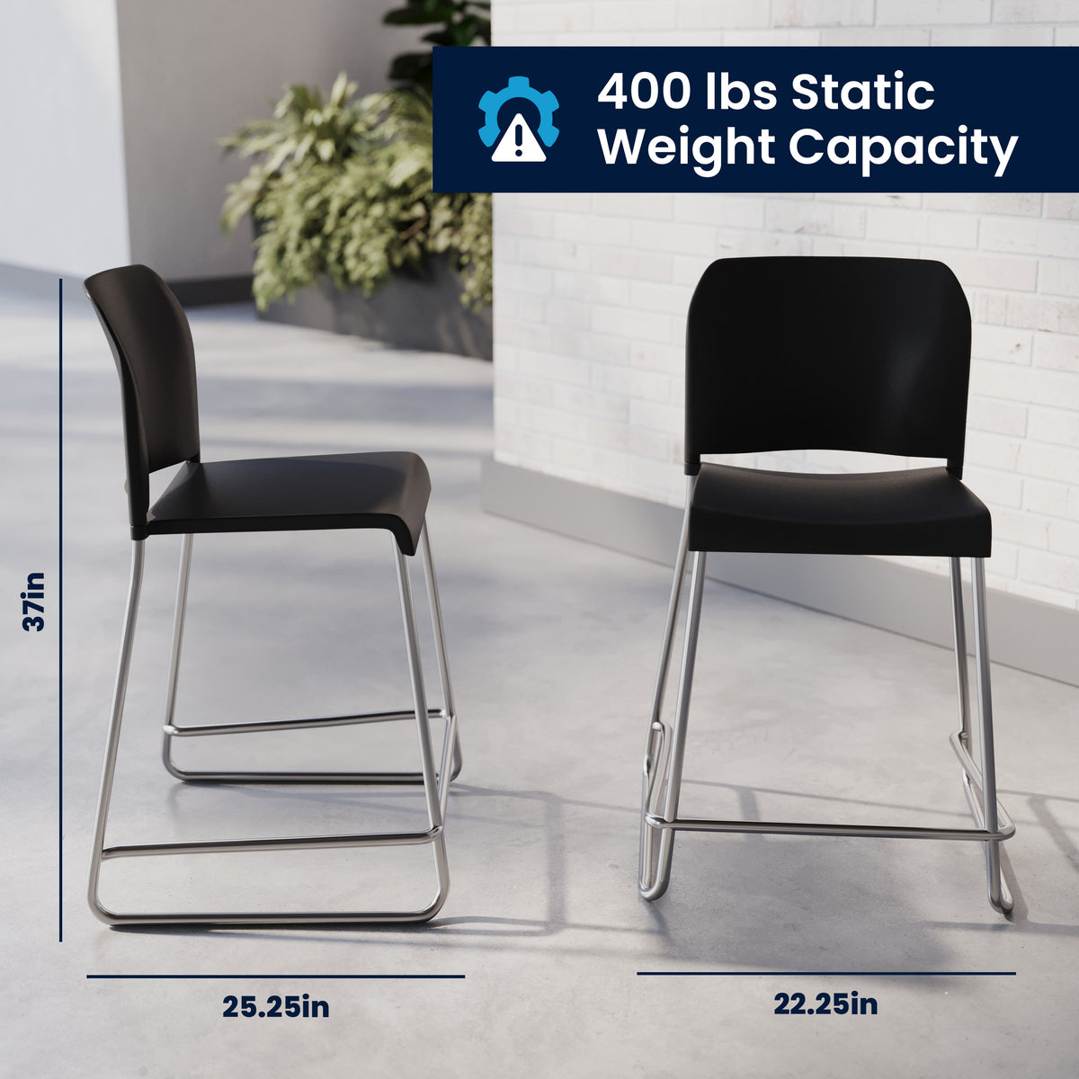 Black Plastic/Chrome Frame |#| Commercial Plastic Stack Stool with Contoured Back and Sled Base in Black