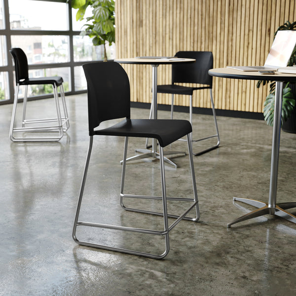 Black Plastic/Chrome Frame |#| Commercial Plastic Stack Stool with Contoured Back and Sled Base in Black
