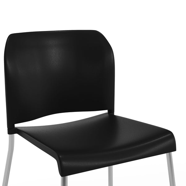 Black Plastic/Chrome Frame |#| Commercial Plastic Stack Stool with Contoured Back and Sled Base in Black
