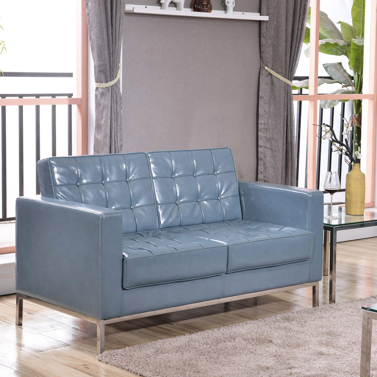 Gray |#| Button Tufted Gray LeatherSoft Loveseat w/Integrated Stainless Steel Frame