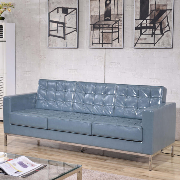 Gray |#| Button Tufted Gray LeatherSoft Sofa with Integrated Stainless Steel Frame