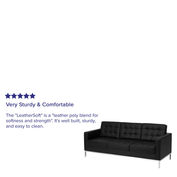 Black |#| Button Tufted Black LeatherSoft Sofa with Integrated Stainless Steel Frame