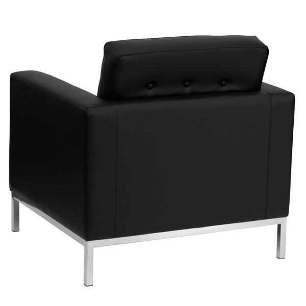 Black |#| Button Tufted Black LeatherSoft Chair with Integrated Stainless Steel Frame