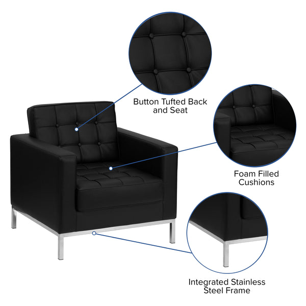 Black |#| Button Tufted Black LeatherSoft Chair with Integrated Stainless Steel Frame