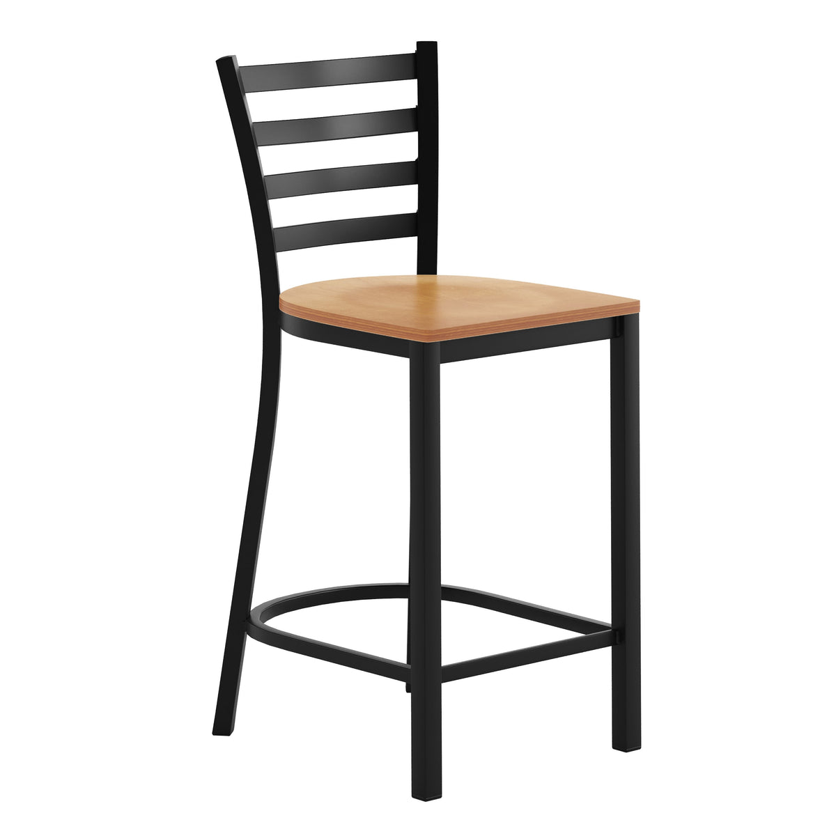 Natural Wood Seat/Black Metal Frame |#| Commercial Ladder Back Black Metal Counter Stool - Natural Wood Seat