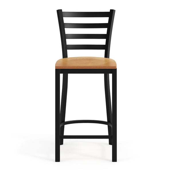 Natural Wood Seat/Black Metal Frame |#| Commercial Ladder Back Black Metal Counter Stool - Natural Wood Seat