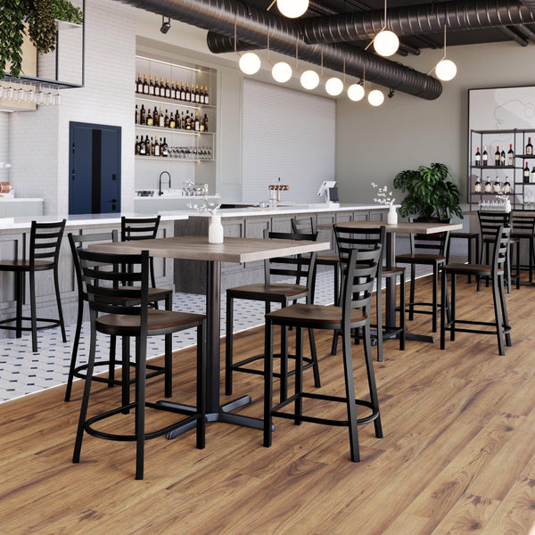 Mahogany Wood Seat/Black Metal Frame |#| Commercial Ladder Back Black Metal Counter Stool - Mahogany Wood Seat