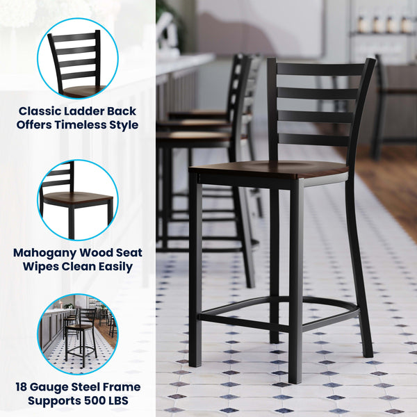Mahogany Wood Seat/Black Metal Frame |#| Commercial Ladder Back Black Metal Counter Stool - Mahogany Wood Seat