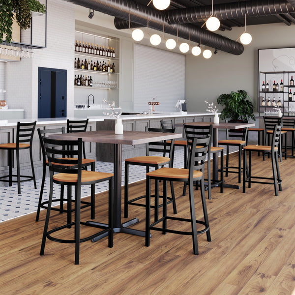Natural Wood Seat/Black Metal Frame |#| Commercial Ladder Back Black Metal Counter Stool - Natural Wood Seat