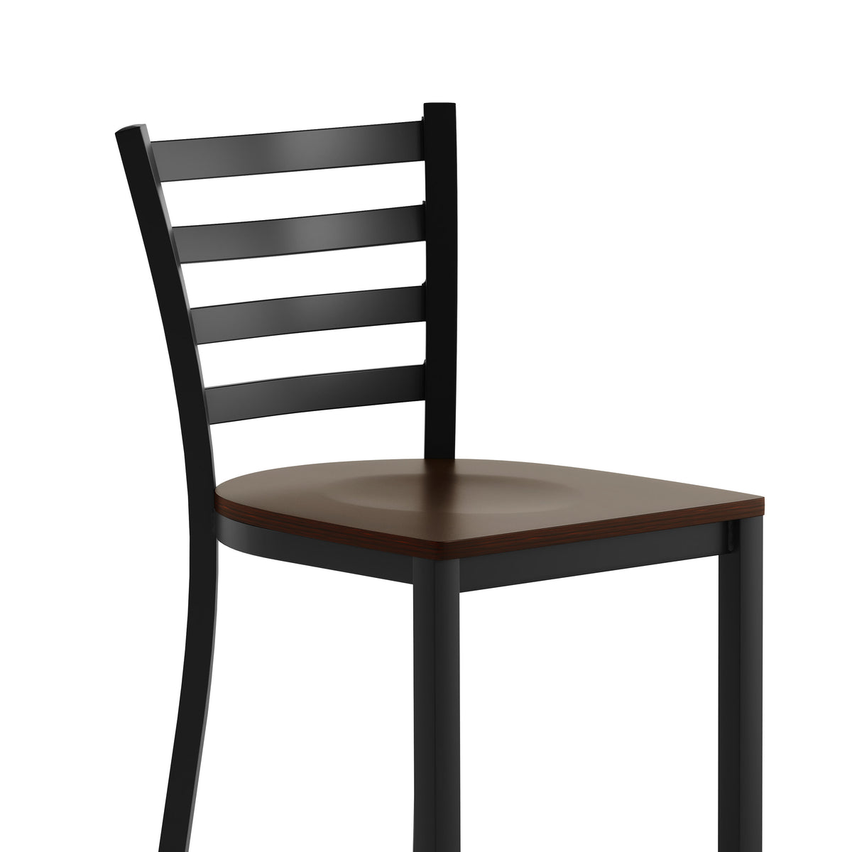 Mahogany Wood Seat/Black Metal Frame |#| Commercial Ladder Back Black Metal Counter Stool - Mahogany Wood Seat