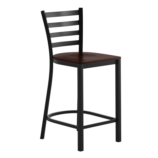 Walnut Wood Seat/Black Metal Frame |#| Commercial Ladder Back Black Metal Counter Stool - Walnut Wood Seat