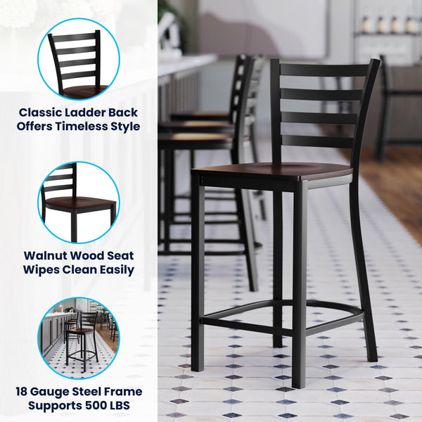 Walnut Wood Seat/Black Metal Frame |#| Commercial Ladder Back Black Metal Counter Stool - Walnut Wood Seat