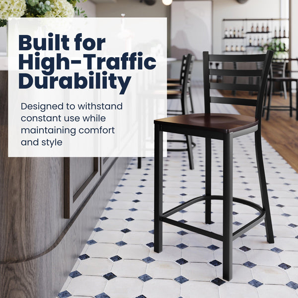 Walnut Wood Seat/Black Metal Frame |#| Commercial Ladder Back Black Metal Counter Stool - Walnut Wood Seat