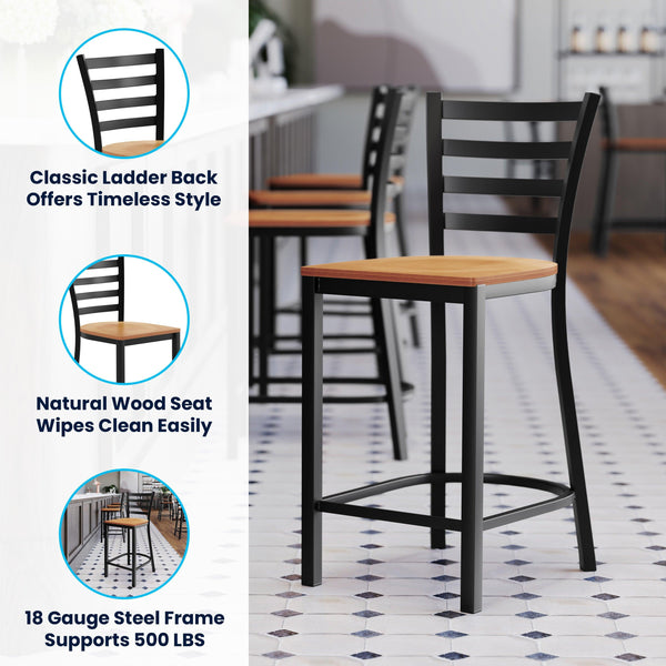 Natural Wood Seat/Black Metal Frame |#| Commercial Ladder Back Black Metal Counter Stool - Natural Wood Seat