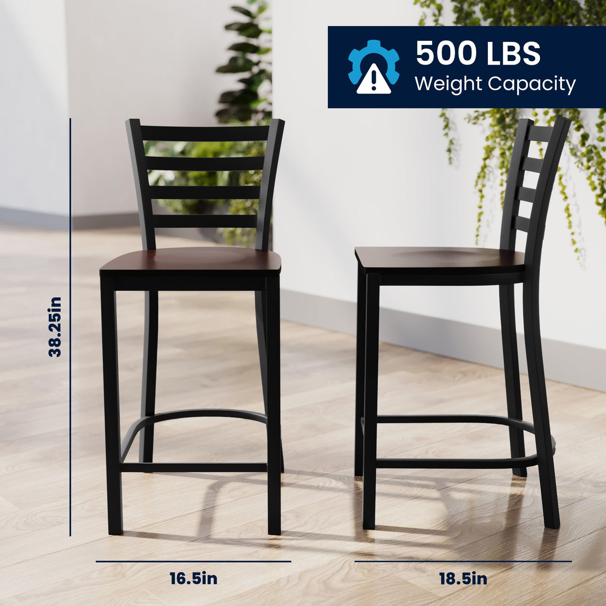 Walnut Wood Seat/Black Metal Frame |#| Commercial Ladder Back Black Metal Counter Stool - Walnut Wood Seat