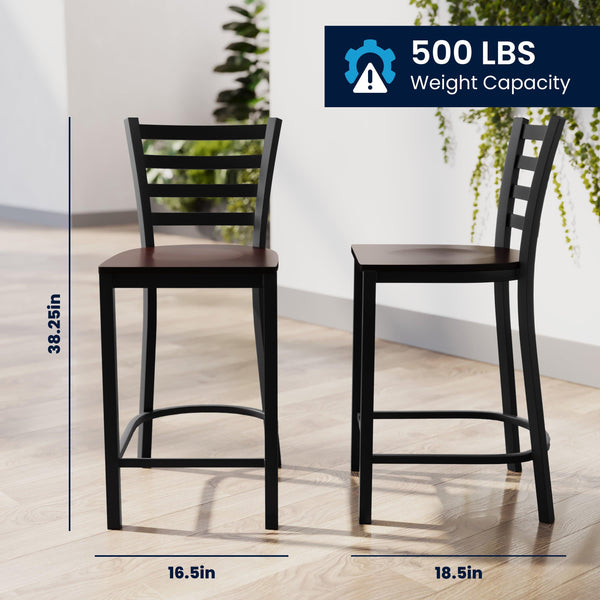 Walnut Wood Seat/Black Metal Frame |#| Commercial Ladder Back Black Metal Counter Stool - Walnut Wood Seat