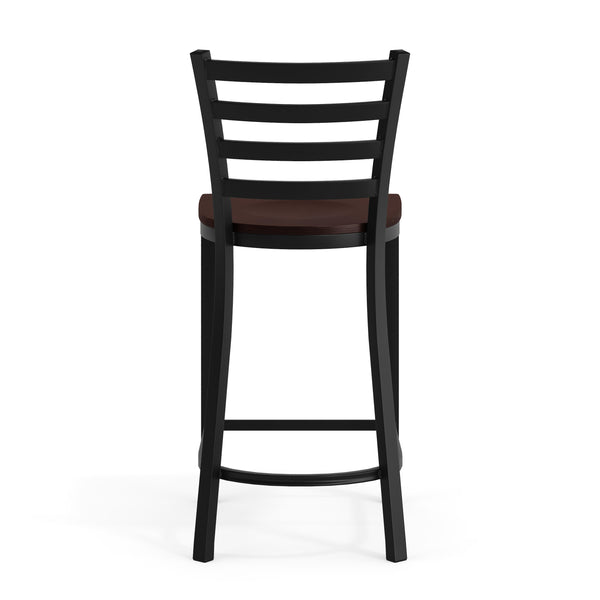 Walnut Wood Seat/Black Metal Frame |#| Commercial Ladder Back Black Metal Counter Stool - Walnut Wood Seat