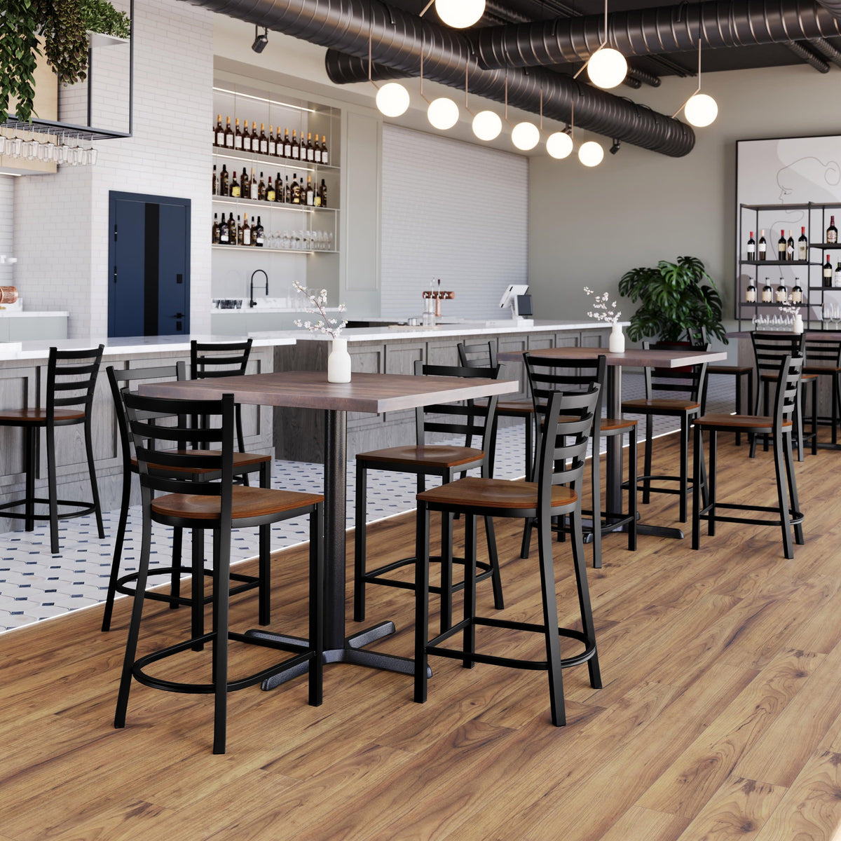 Cherry Wood Seat/Black Metal Frame |#| Commercial Ladder Back Black Metal Counter Stool - Cherry Wood Seat